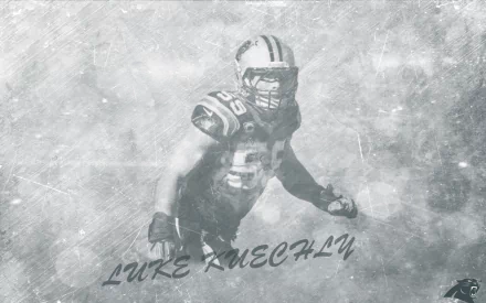HD desktop wallpaper featuring a monochromatic image of a football player in action with the text Luke Kuechly prominently displayed.