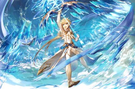 Vibrant HD PC desktop wallpaper featuring an anime character from Tales of Zestiria the X wielding a glowing sword amidst swirling blue and white energy effects.