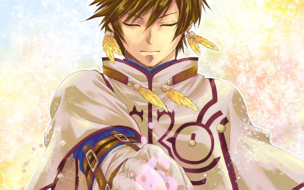 HD anime wallpaper from Tales of Zestiria the X featuring a calm character with closed eyes, adorned in ornate robes and golden feathers, set against a soft glowing background.