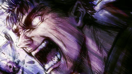 HD desktop wallpaper of Guts from the anime Berserk, showcasing an intense close-up of his face with a fierce expression amidst a dynamic background.