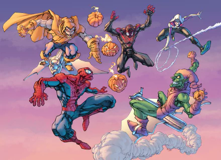 HD PC desktop wallpaper featuring Marvel Comics characters Miles Morales, Spider-Gwen, Superior Spider-Man, Green Goblin (Norman Osborn), and Hobgoblin in dynamic action poses.