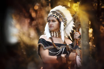 A woman in a Native American-inspired costume and headdress stands holding a spear, focused and deep in thought. The blurred background and soft feathers add to the dramatic mood of this HD desktop wallpaper.