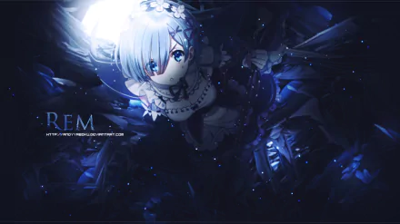 HD desktop wallpaper featuring Rem from Re:Zero - Starting Life in Another World. The image showcases Rem in a dark, mystical setting with a dominant blue color palette.