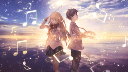 HD desktop wallpaper featuring Kousei Arima and Kaori Miyazono from the anime Your Lie in April. They stand back-to-back with musical notes floating around them against a sunset background.