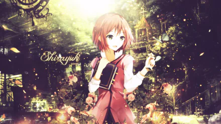 HD desktop wallpaper featuring Shirayuki from Snow White with the Red Hair, set against a lush, magical background with a warm, ethereal glow and floral elements.