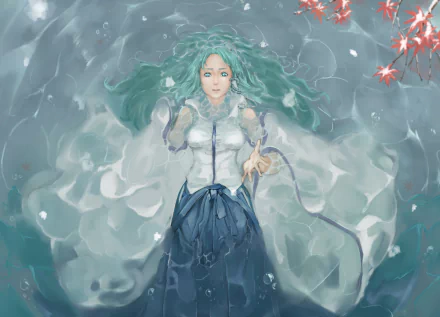 Sanae Kochiya (Touhou) anime 2K Quad HD PC wallpaper — green‑haired shrine maiden floats in swirling water, white top and blue skirt, hand reaching toward red maple leaves.