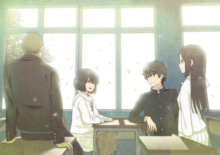 HD anime desktop wallpaper featuring Takumi Sakagami, Nitou Natsuki, Daiki Tasaki, and Jun Naruse from The Anthem of the Heart in a sunlit classroom scene.