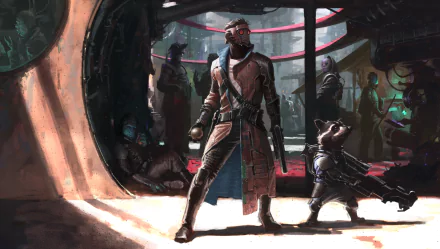 HD desktop wallpaper featuring Star Lord and Rocket Raccoon from the movie Guardians of the Galaxy with a sci-fi background.