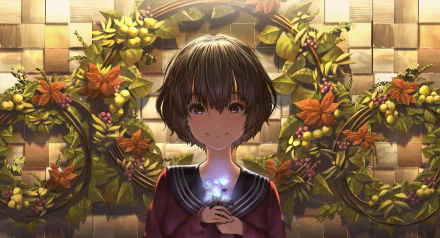 HD anime original desktop wallpaper featuring a girl with short dark hair holding glowing flowers, surrounded by vibrant autumn leaves and wreaths on a tiled background.