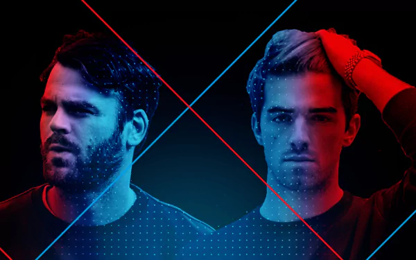 HD wallpaper featuring a stylized dual portrait of The Chainsmokers with a blue and red neon overlay, suitable as a desktop background.