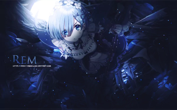 HD desktop wallpaper featuring Rem from Re:Zero - Starting Life in Another World. The image showcases Rem in a dark, mystical setting with a dominant blue color palette.
