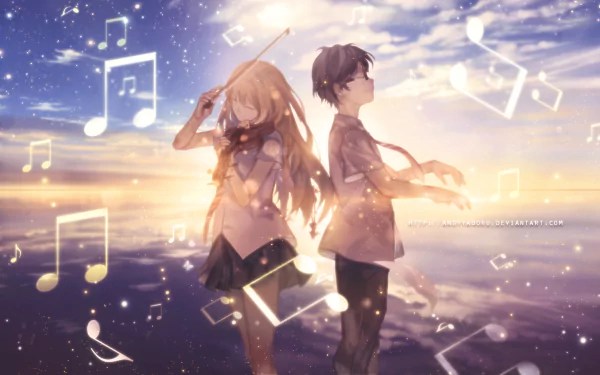 HD desktop wallpaper featuring Kousei Arima and Kaori Miyazono from the anime Your Lie in April. They stand back-to-back with musical notes floating around them against a sunset background.