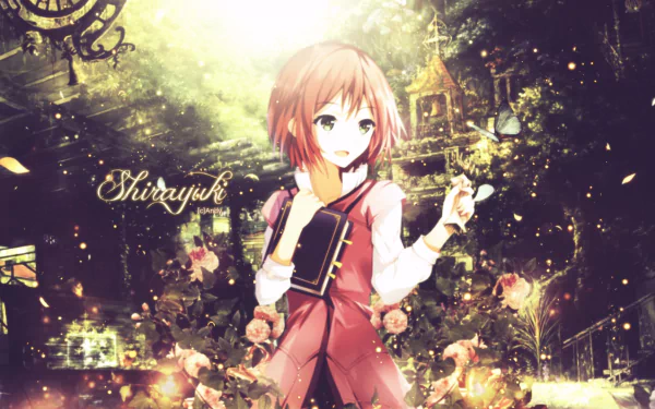 HD desktop wallpaper featuring Shirayuki from Snow White with the Red Hair, set against a lush, magical background with a warm, ethereal glow and floral elements.