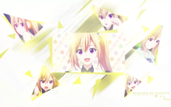 A vibrant HD wallpaper featuring characters from Myriad Colors Phantom World, showcasing dynamic poses and expressions against a bright, abstract background.