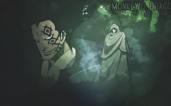 HD wallpaper of Monkey D. Dragon from the anime One Piece, featuring a close-up of his intense, tattooed face and a cloaked silhouette in a misty, forest-like background.