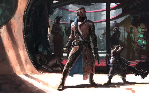 HD desktop wallpaper featuring Star Lord and Rocket Raccoon from the movie Guardians of the Galaxy with a sci-fi background.