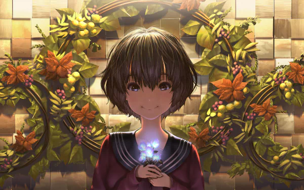 HD anime original desktop wallpaper featuring a girl with short dark hair holding glowing flowers, surrounded by vibrant autumn leaves and wreaths on a tiled background.