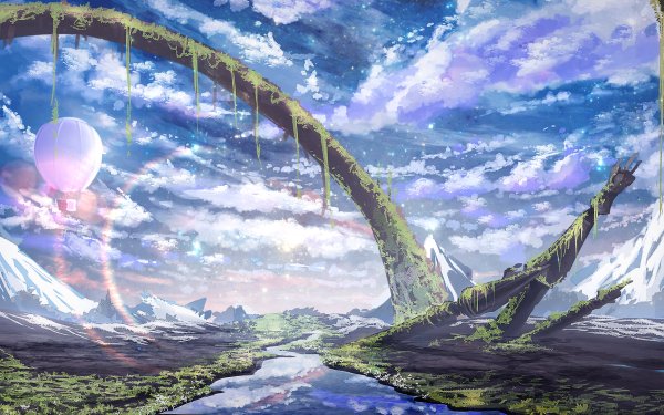 Anime Landscape Sky Cloud Hot Air Balloon River Reflection Scenic HD Wallpaper | Background Image