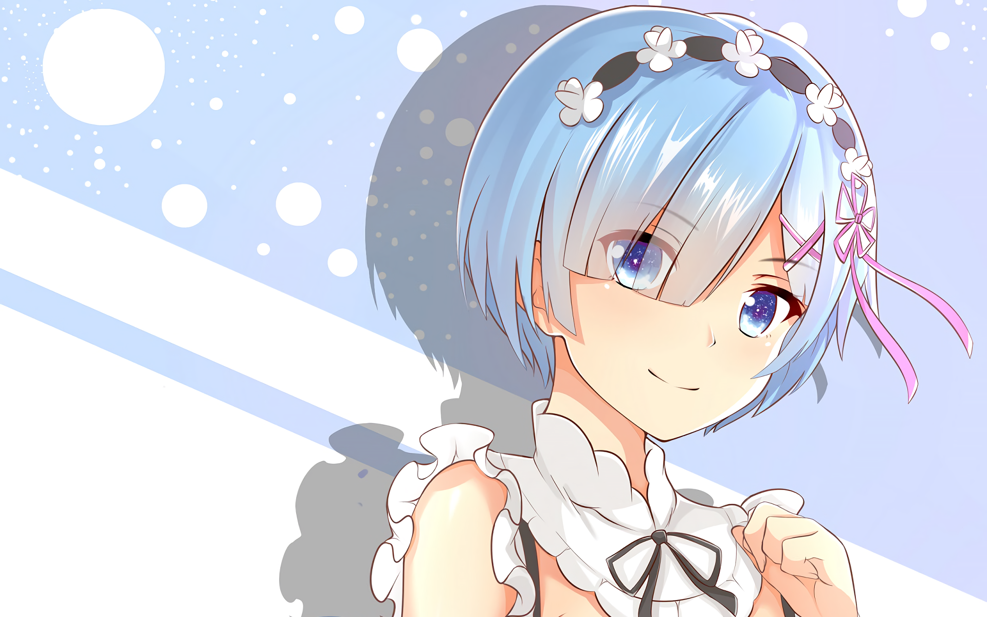 HD desktop wallpaper featuring Rem from Re:Zero - Starting Life in Another World. Rem is illustrated with blue hair, a white headband, and a white maid outfit, set against a light blue and white background.