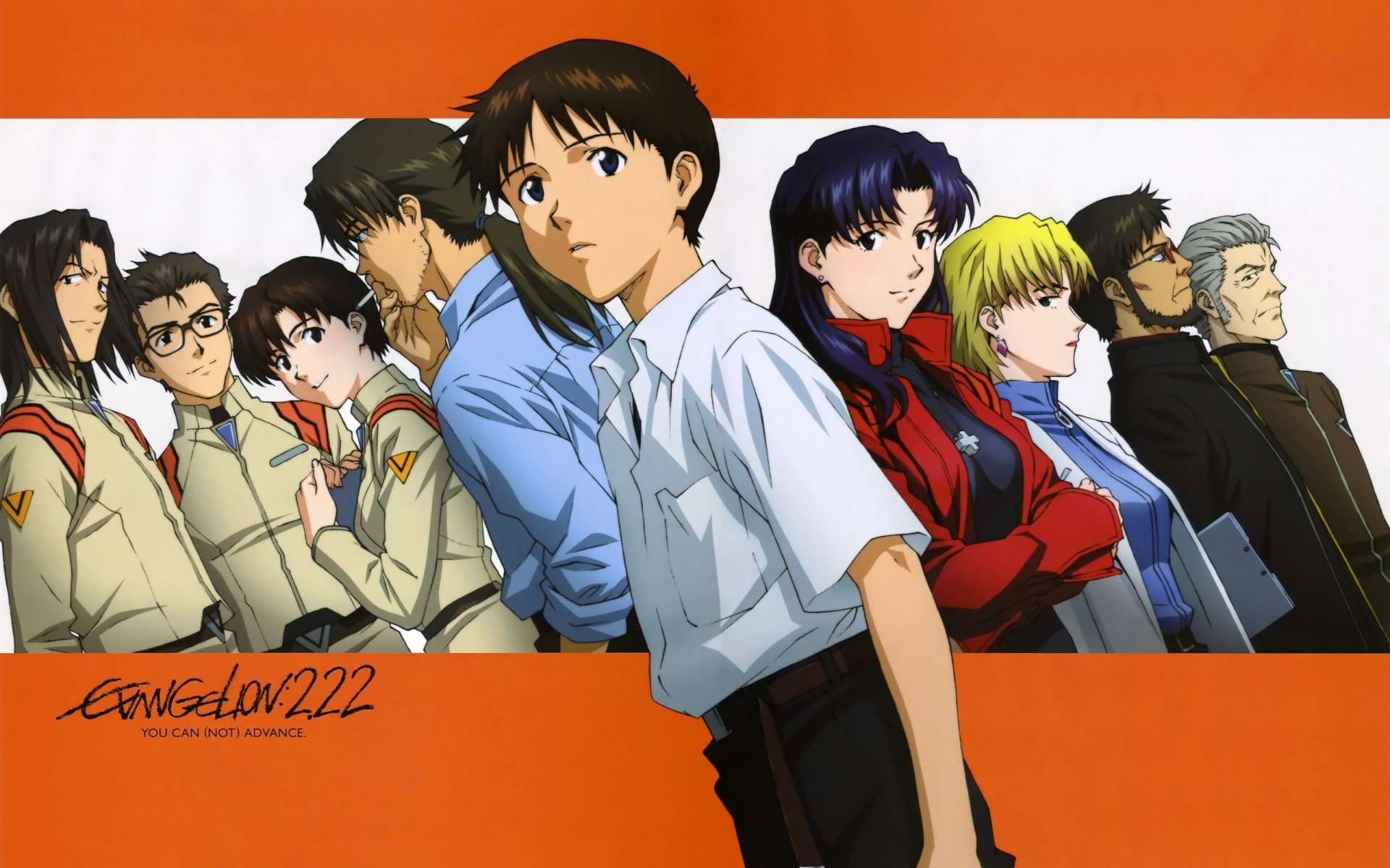 2K Quad HD Evangelion: 2.0 wallpaper — Shinji Ikari center, Misato Katsuragi, Gendo Ikari and other NERV crew lined up across an orange banner.