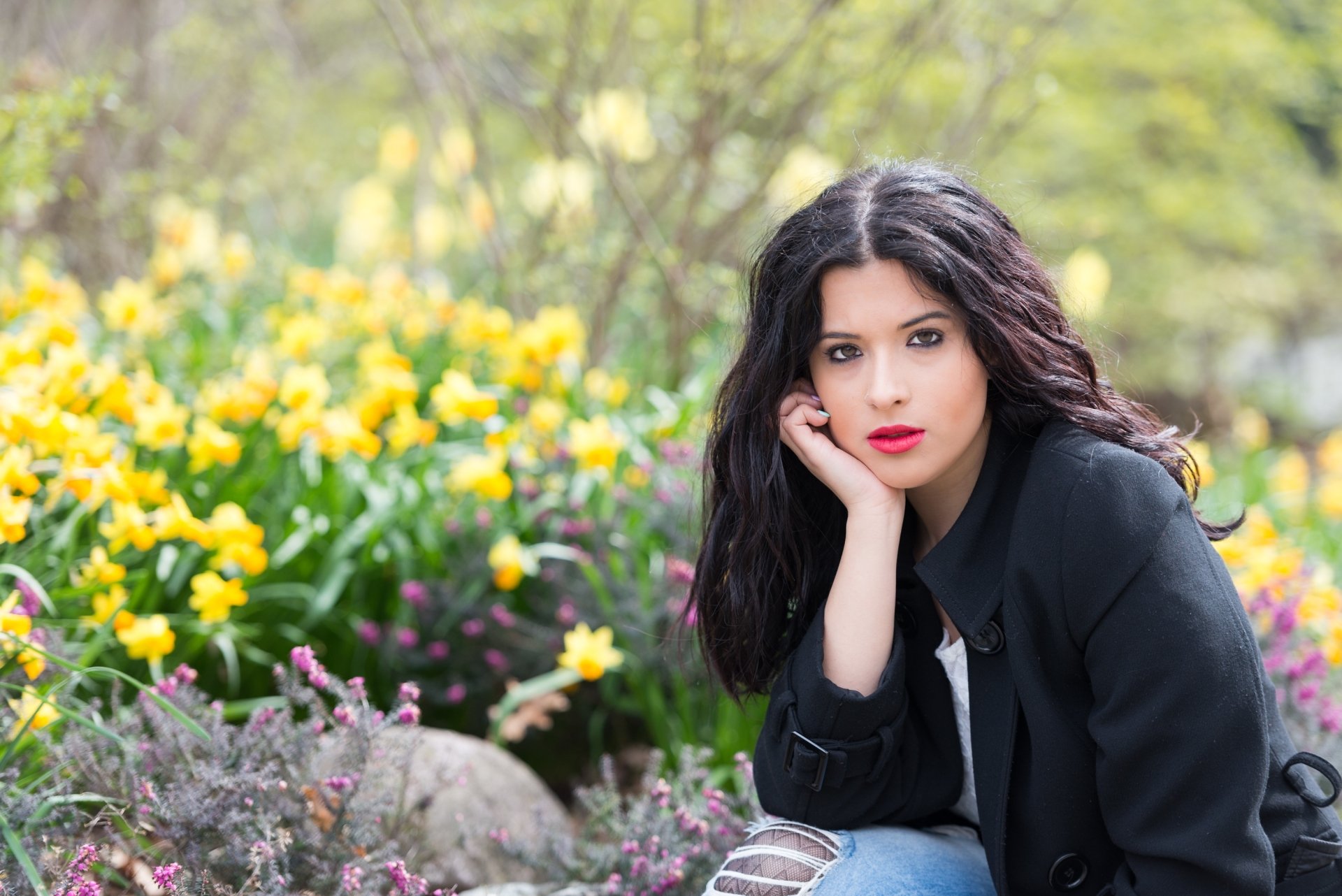 Download Long Hair Depth Of Field Brunette Lipstick Woman Model HD Wallpaper