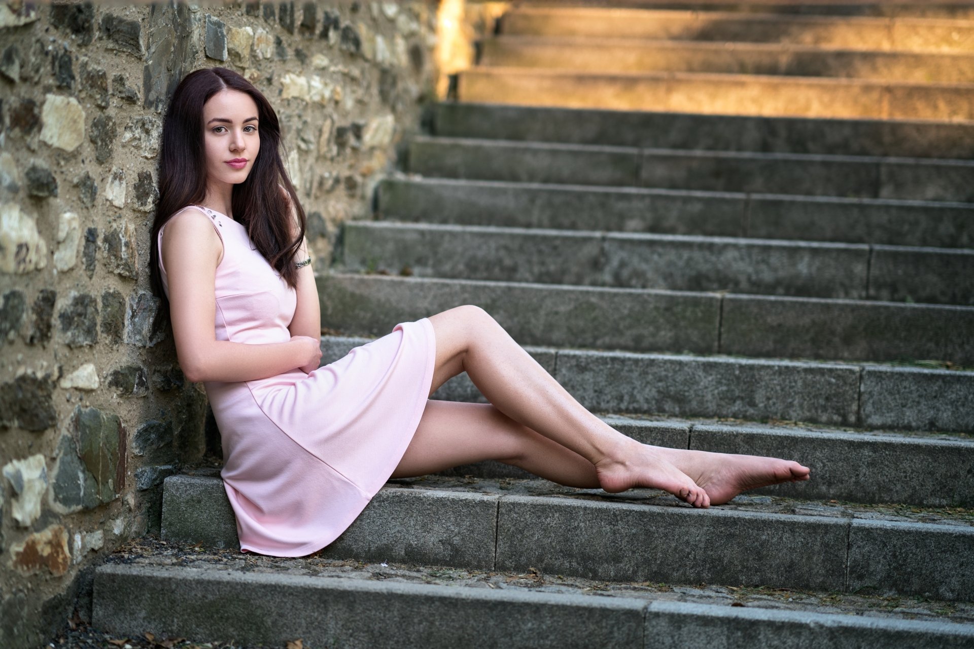 Download Hazel Eyes Stairs Pink Dress Brunette Woman Model  4k Ultra HD Wallpaper