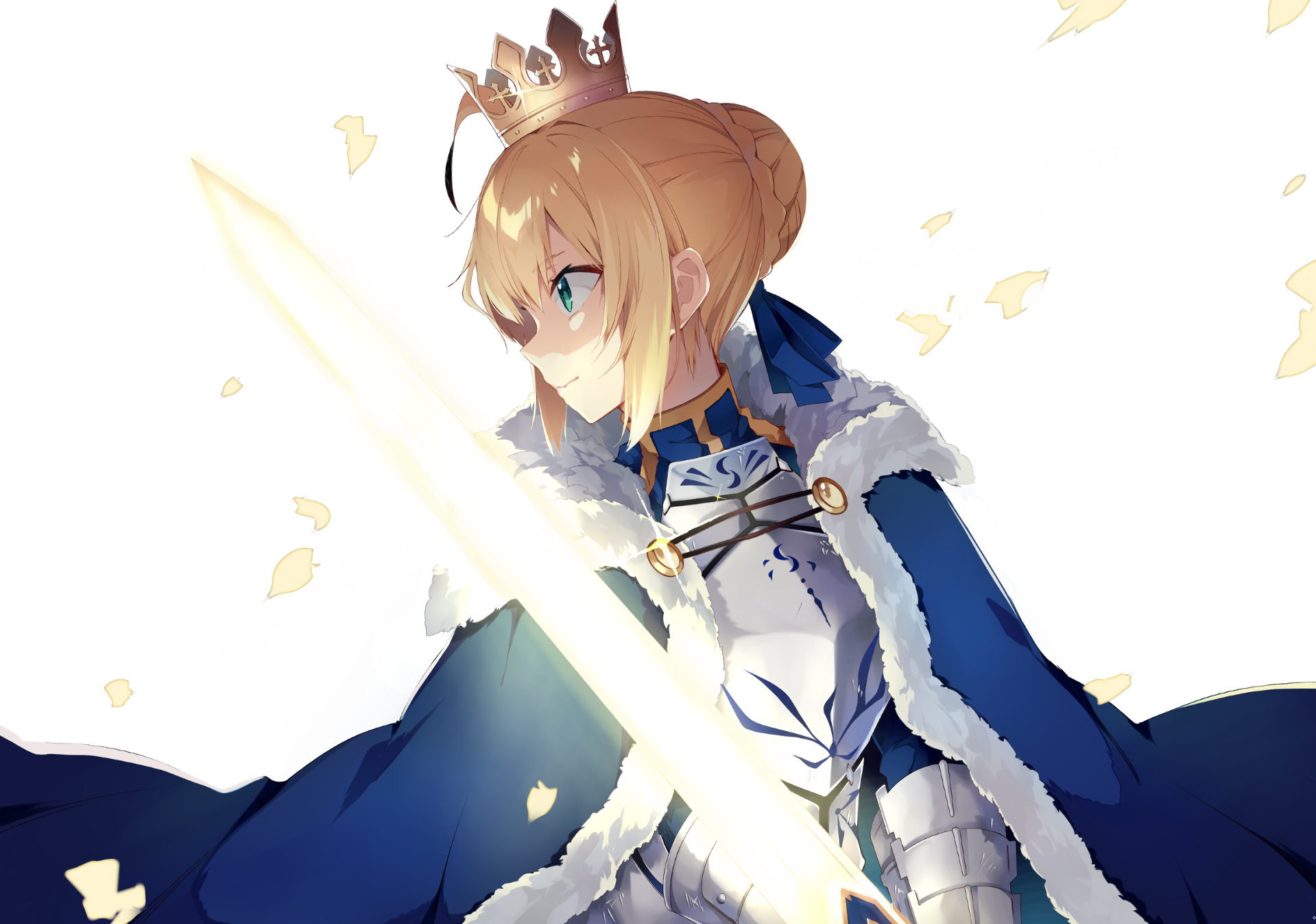 Saber from the Fate Series stands confidently with a sword, adorned in majestic blue and white attire, set against a clean background. A striking HD wallpaper for anime fans.