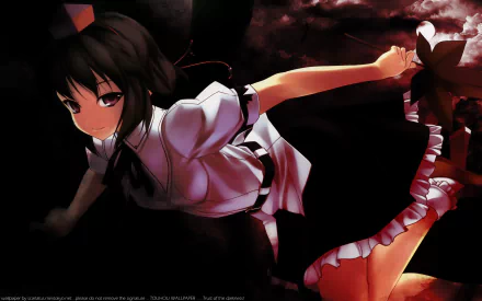 Aya Shameimaru (Touhou) anime character in dynamic midair pose against dark red sky, high-contrast 2K Quad HD PC desktop wallpaper/background.