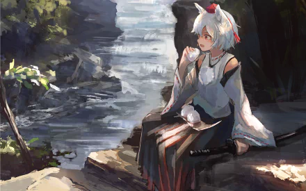 HD desktop wallpaper featuring Momiji Inubashiri, an anime character from Touhou, sitting by a serene river with a waterfall in the background, surrounded by lush greenery.