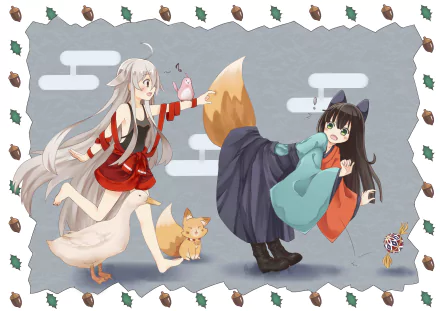 HD anime desktop wallpaper featuring characters from Urara Meirochō with playful fox tails, a goose, and small animals against a stylized cloudy background.