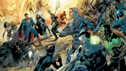 A dynamic DC Comics scene featuring iconic superheroes and villains engaged in a dramatic battle, serving as an exciting HD desktop wallpaper and background.