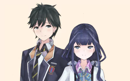 HD wallpaper featuring Masamune Makabe and Aki Adagaki from the anime Masamune-kun's Revenge, both dressed in school uniforms, standing side by side with a neutral background.