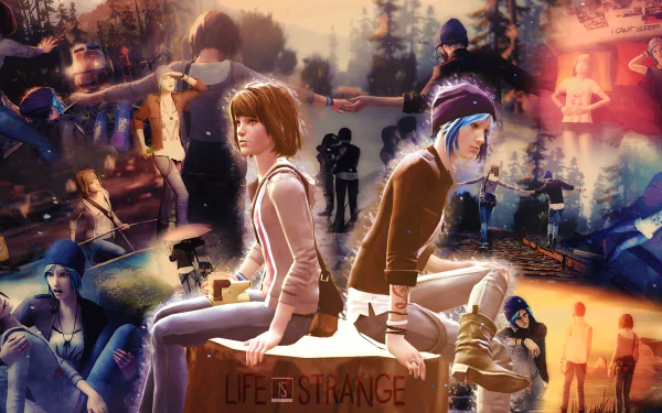 HD desktop wallpaper of Chloe Price and Max Caulfield from the video game Life Is Strange, featuring a collage of various scenes and moments from the game.