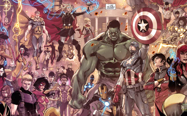 HD Marvel Comics wallpaper featuring a vibrant ensemble of iconic superheroes in action poses.