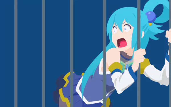 HD wallpaper featuring Aqua from KonoSuba: God's Blessing on This Wonderful World!! in an animated style, shown gripping bars with a shocked expression against a blue background.
