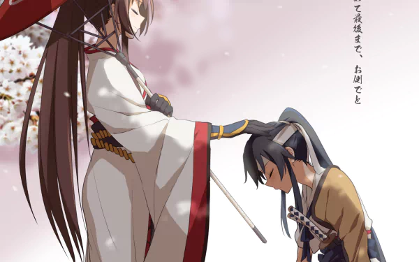 HD PC desktop wallpaper featuring anime characters Yahagi and Yamato from Kantai Collection, set against a soft pink and white background with Japanese text.