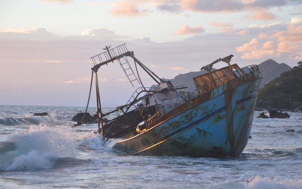 Vehicles Wreck Shipwreck Ocean Coast Wave Rust Greece HD Wallpaper | Background Image