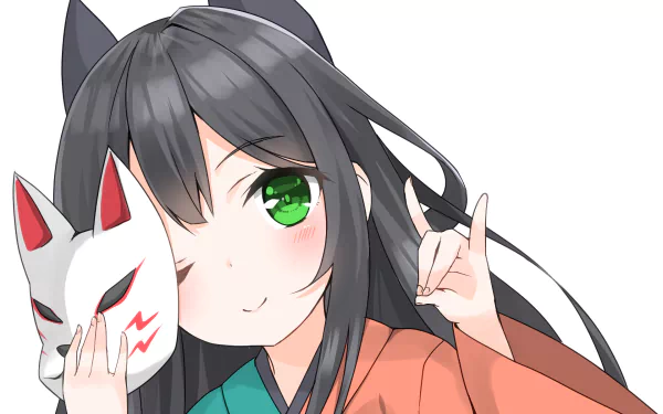 HD PC desktop wallpaper and background featuring an Urara Meirochō anime girl with long black hair, green eyes, fox mask and cat ears, winking in a teal-and-orange kimono.