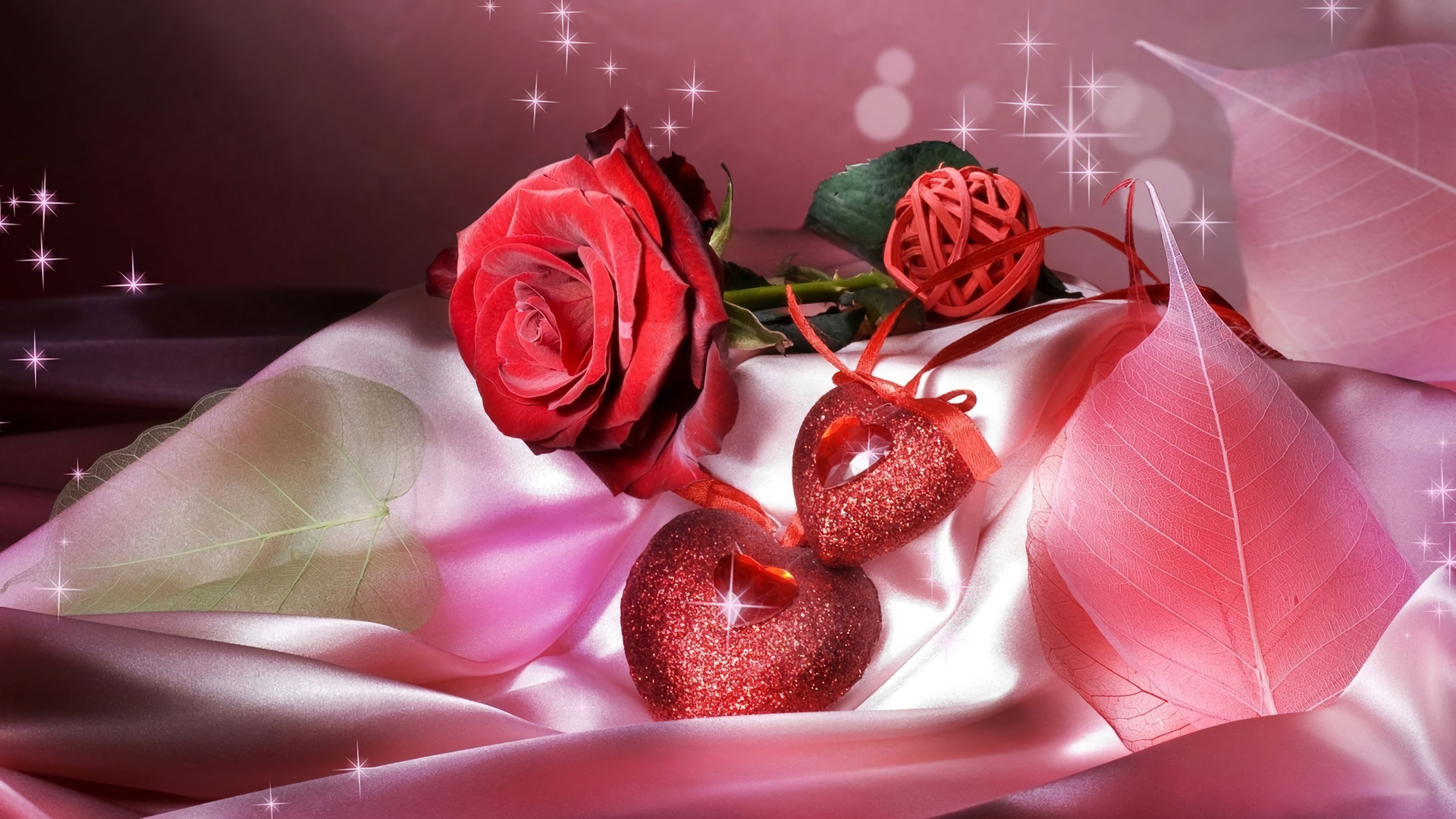 Download Red Rose Pink Sparkles Leaf Jewelry Heart Rose Holiday Valentines Day Hd Wallpaper 9932