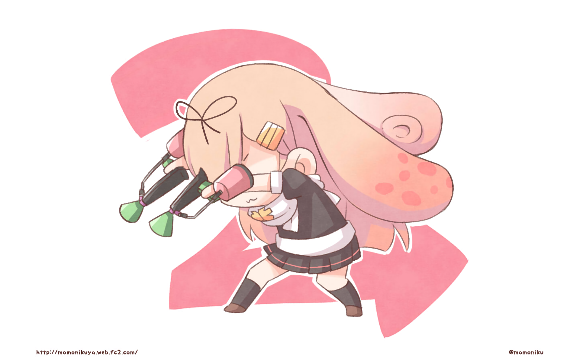 Chibi Yuudachi (Kancolle / Kantai Collection) anime HD PC desktop wallpaper: pink-haired ship girl in a school outfit playfully brandishing torpedoes against a soft pink backdrop.