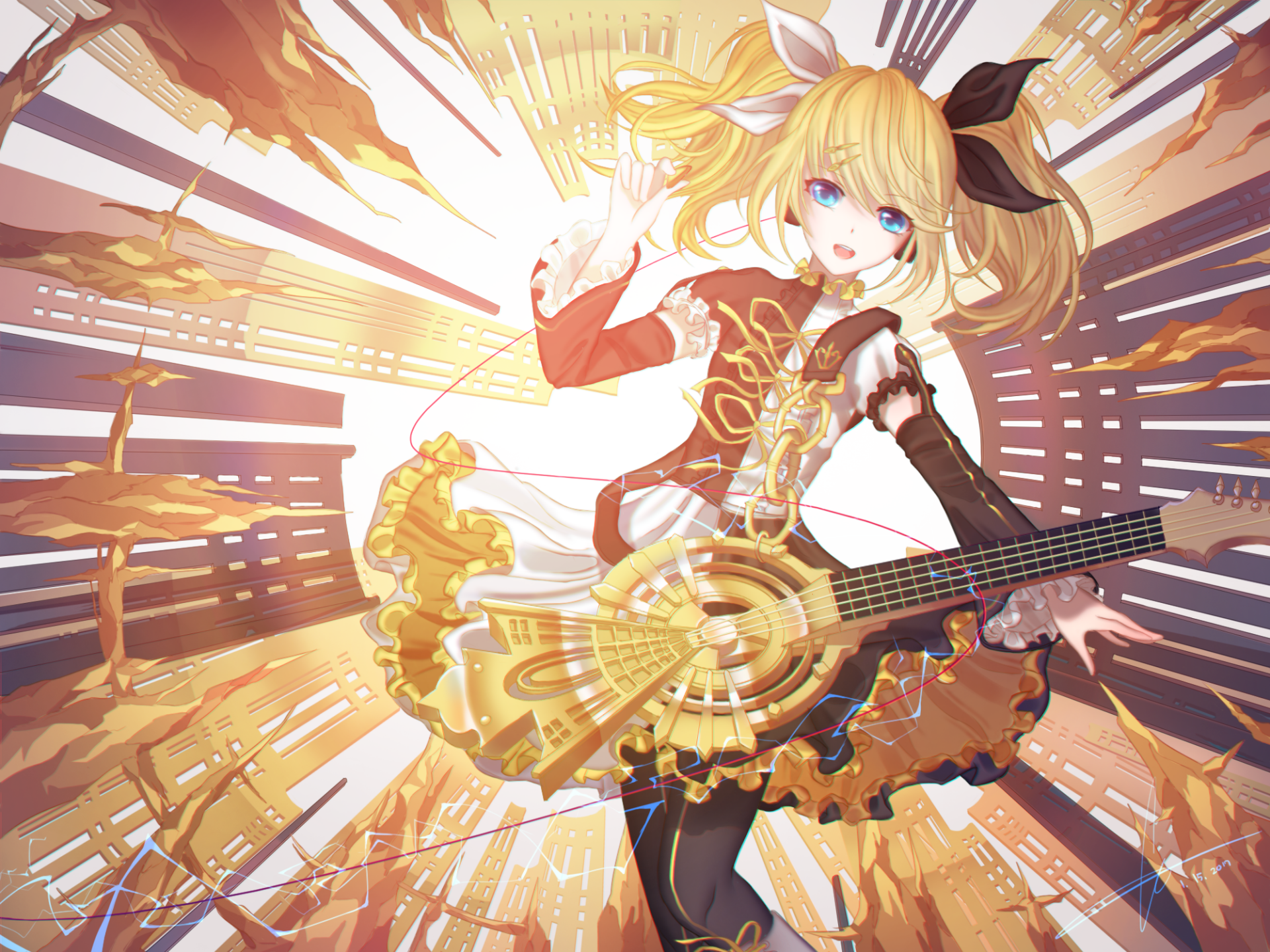 HD anime desktop wallpaper featuring Rin Kagamine from Vocaloid, playing an ornate guitar with dynamic golden and orange light effects in the background.