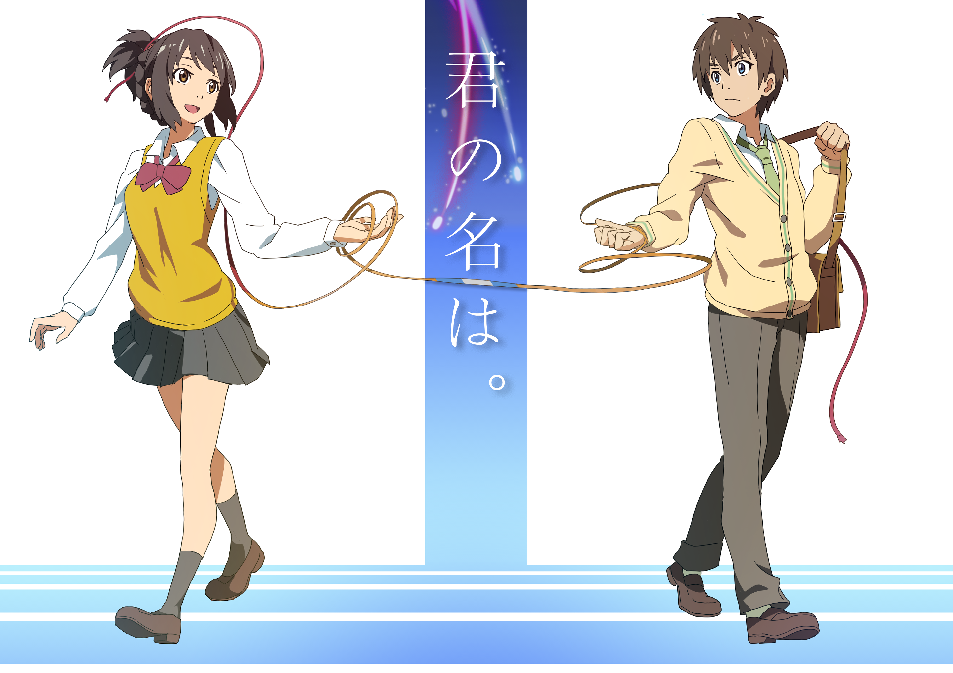 HD anime wallpaper featuring Taki Tachibana and Mitsuha Miyamizu from Your Name., connected by a red thread against a minimalist background.