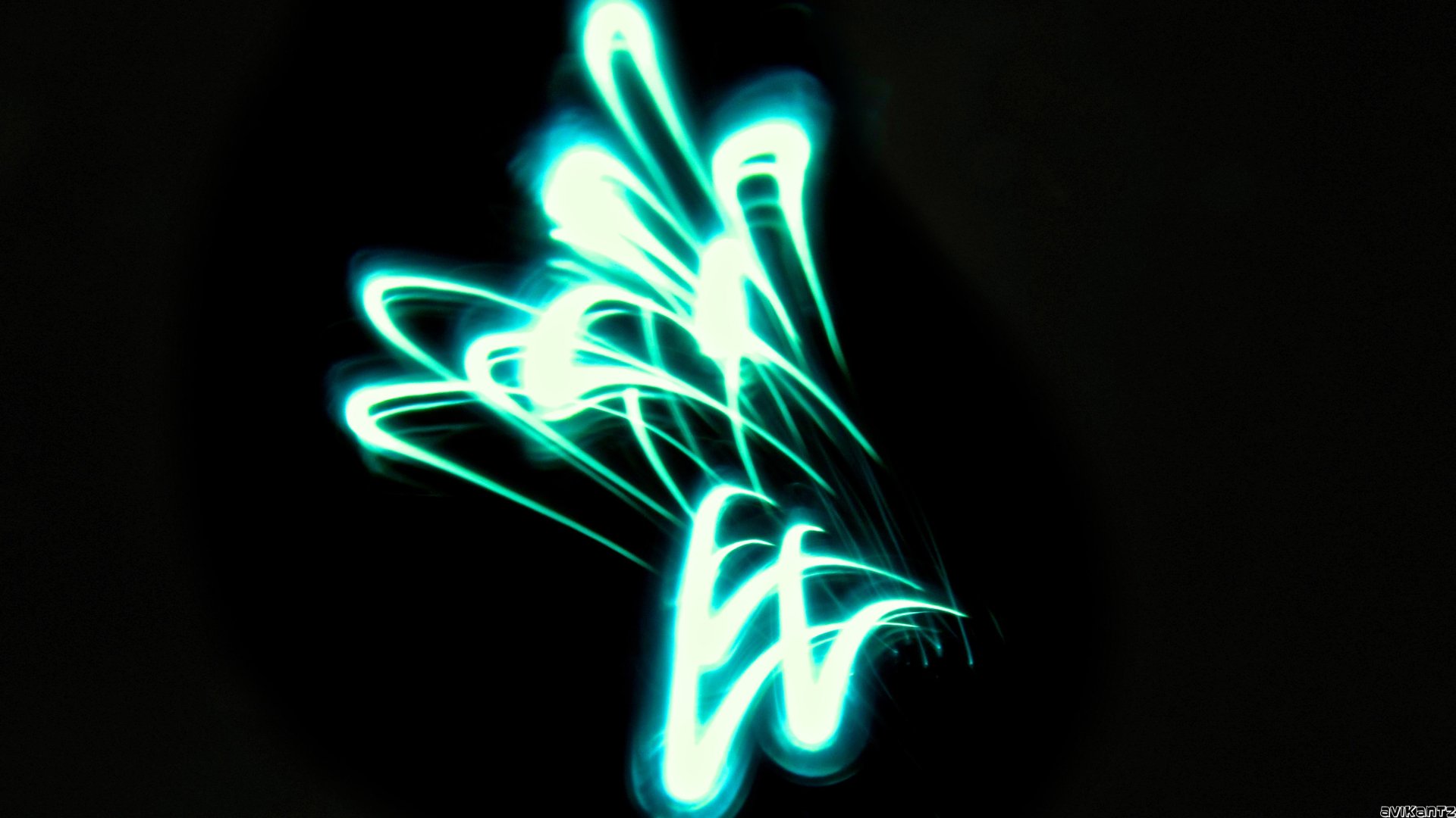 Abstract artistic light painting in neon teal on black, 2K Quad HD PC desktop wallpaper and background.