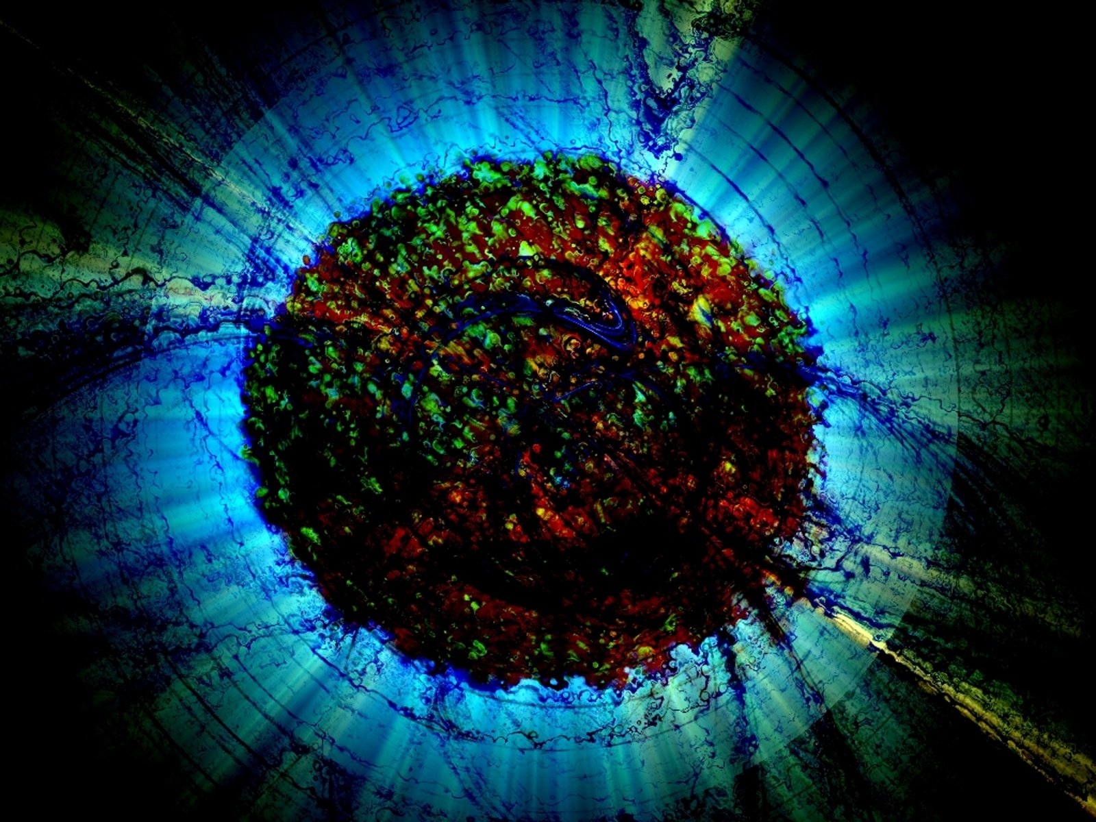 An artistic HD wallpaper featuring a swirling, colorful circle against a dark background, blending hues of blue, green, and red in a captivating design.