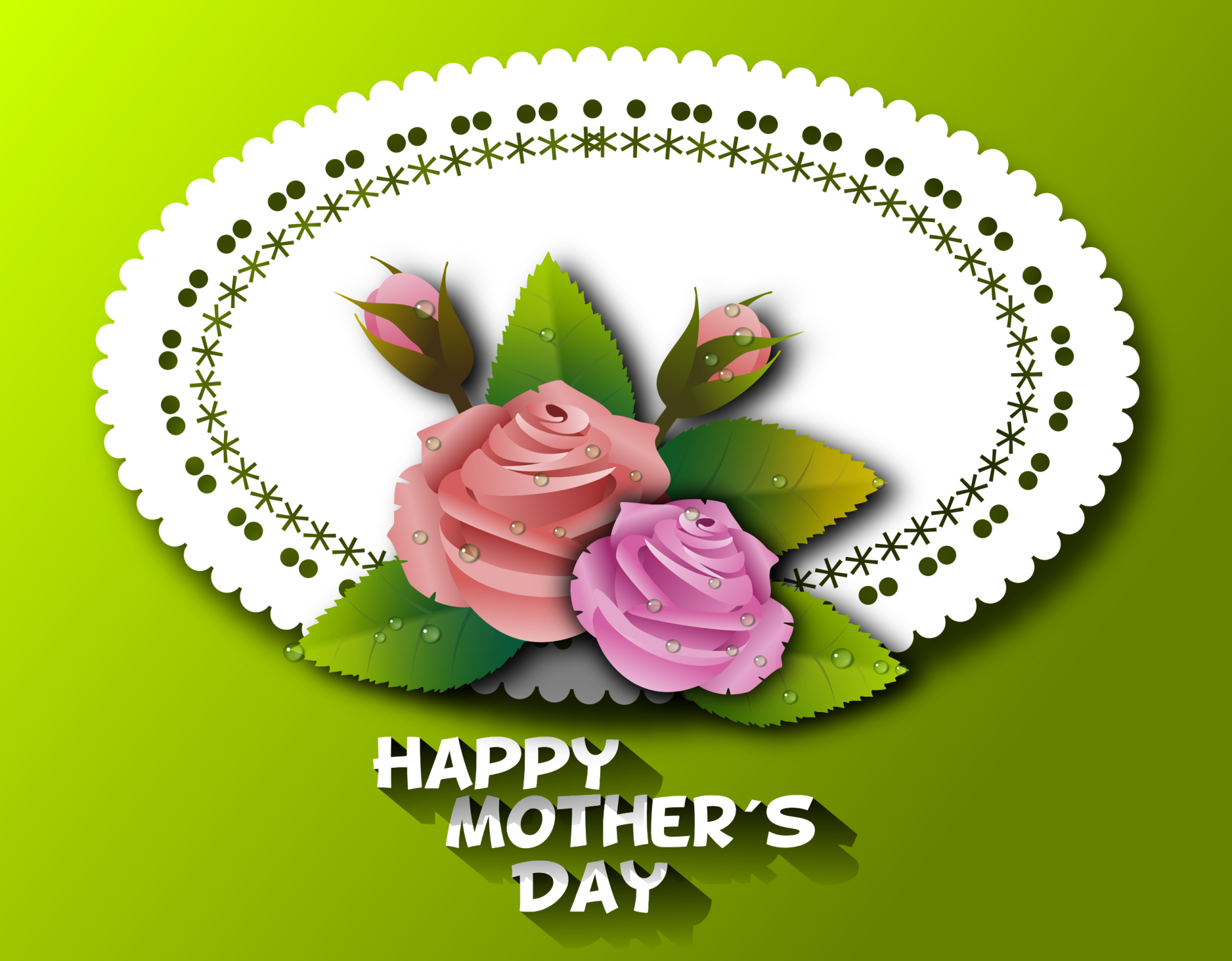 HD desktop wallpaper with a green background featuring pink roses and buds, surrounded by a delicate lace pattern. The text Happy Mother's Day is at the bottom.