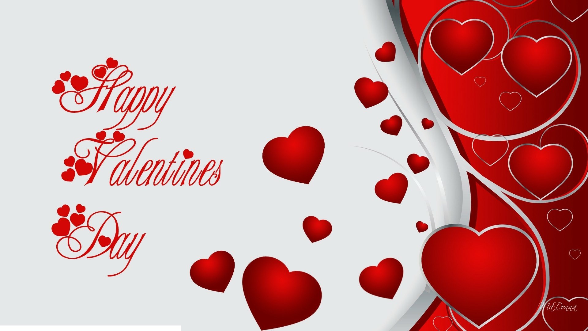 HD desktop wallpaper with white and red hearts and Happy Valentine's Day text, celebrating the Valentine's Day holiday.