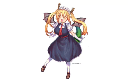 HD desktop wallpaper featuring Tohru from Miss Kobayashi's Dragon Maid, showcasing the anime character in her maid outfit with dragon wings and a cheerful expression.