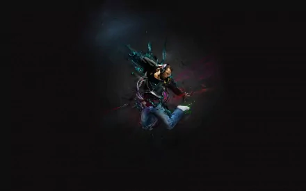 Artistic human figure wrapped in vivid abstract splashes on a dark field — HD PC desktop wallpaper and background with surreal, dynamic motion.