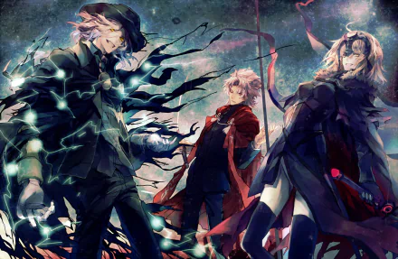 HD desktop wallpaper featuring characters from Fate/Grand Order: Avenger, Shirou Kotomine, Jeanne d'Arc Alter, and Edmond Dantes. The anime-style background is vibrant and dynamic.
