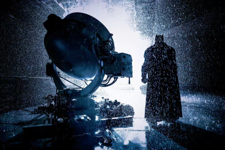 A dark, rainy scene from Batman v Superman: Dawn of Justice featuring Batman standing near the illuminated Bat-Signal, captured in HD for a PC desktop wallpaper.